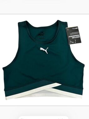 Puma Deep Teal High-Neck Crop Sports Bra with White Band